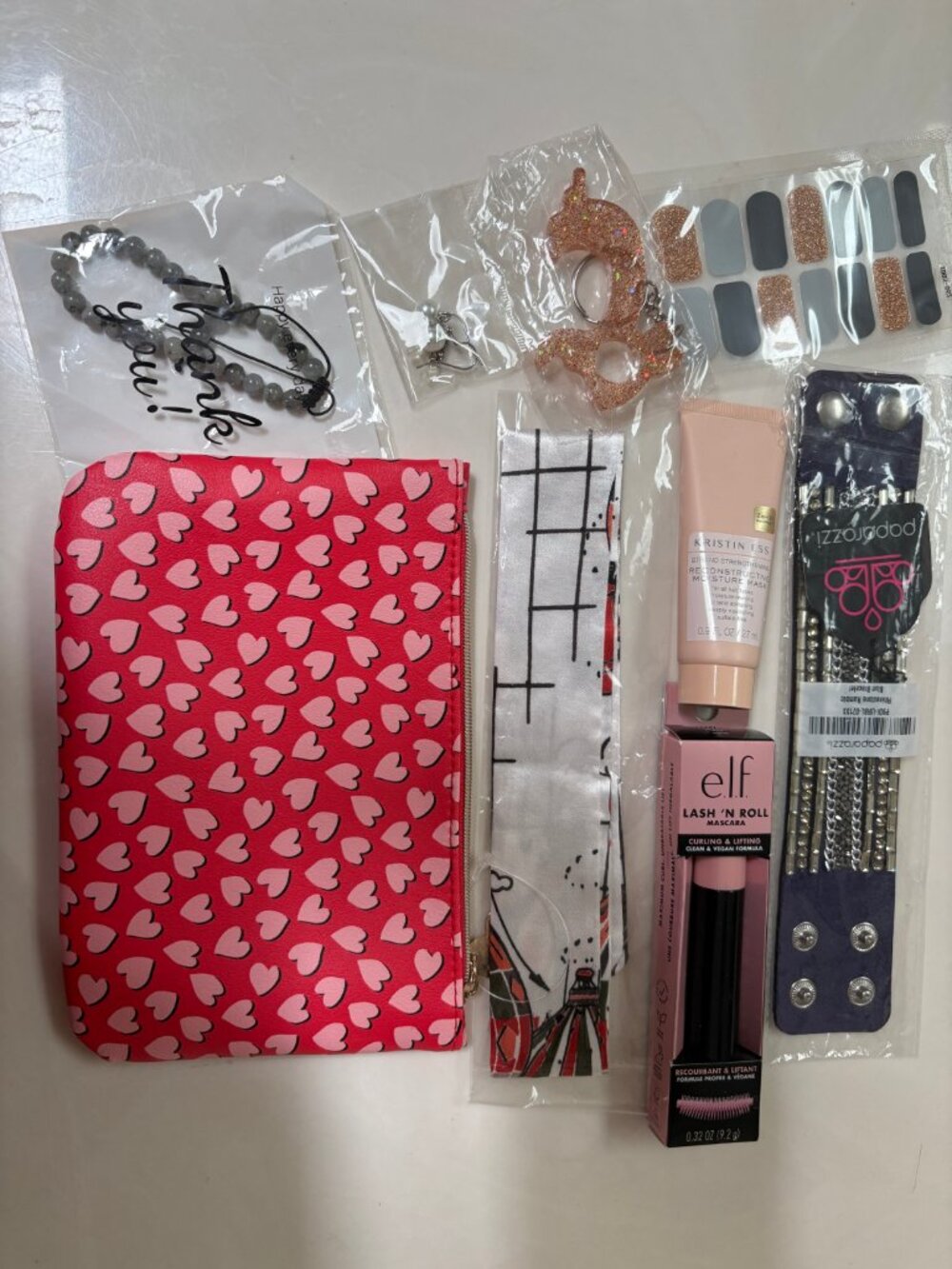 NEW Bracelet,  elf Mascara, silk scarf ponytail tie, ear rings, bracelet etc..
